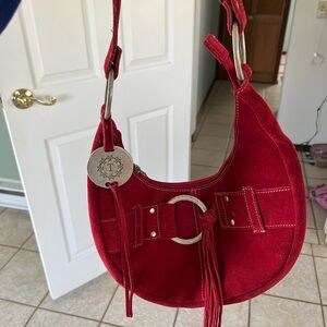 Red Suede Soho Crescent Shoulder Bag with Ring Accent